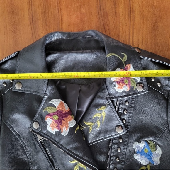 Floral Embroidered Vegan Leather Motorcycle Jacket - Picture 11 of 13